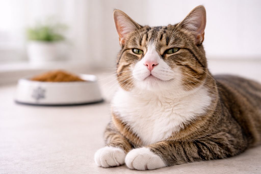 Entspannte Katze, Napf dezent im Hintergrund