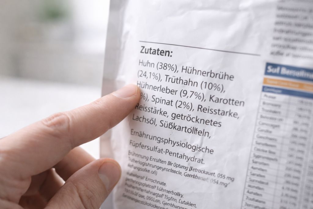 Hand hält Dose oder Beutel und liest die Zutatenliste
