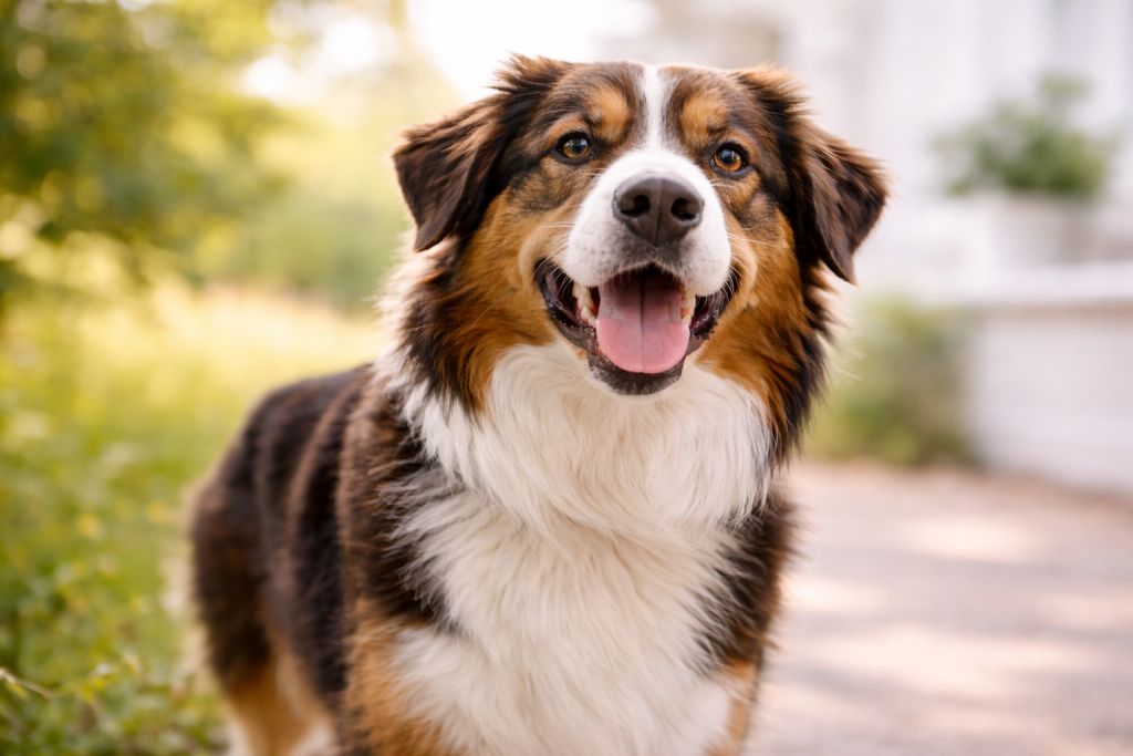 Glücklicher, entspannter Hund im Alltag, helles freundliches Bild