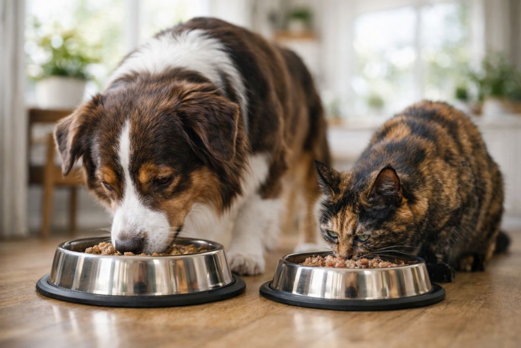 Hund frisst aus einem Napf in heller Umgebung