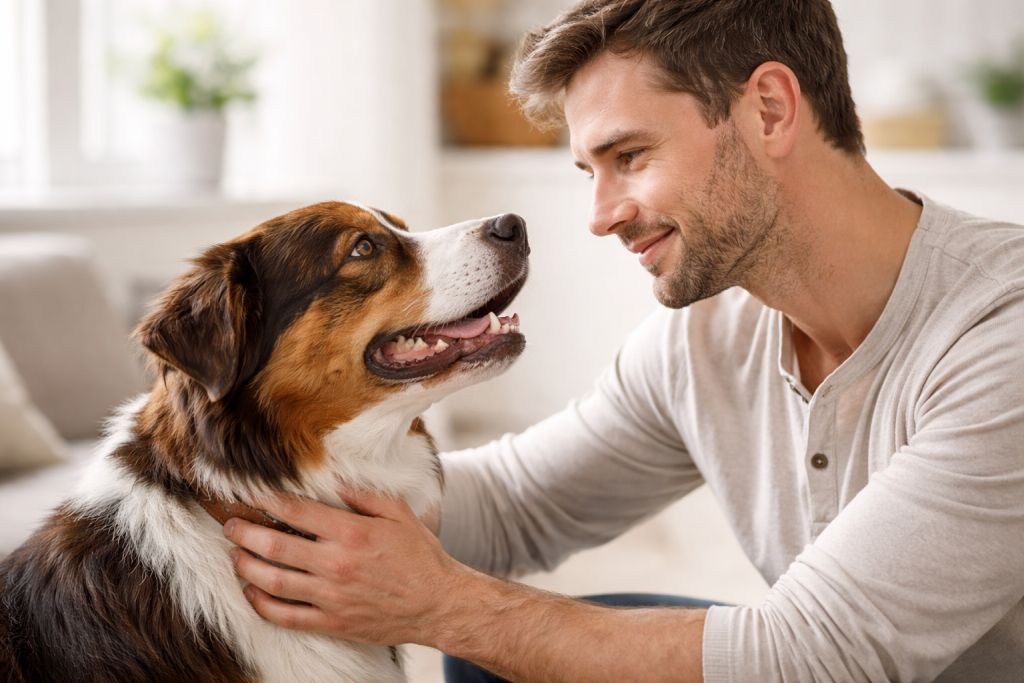 Mensch und Hund in ruhigem Moment, helles Licht, authentisch