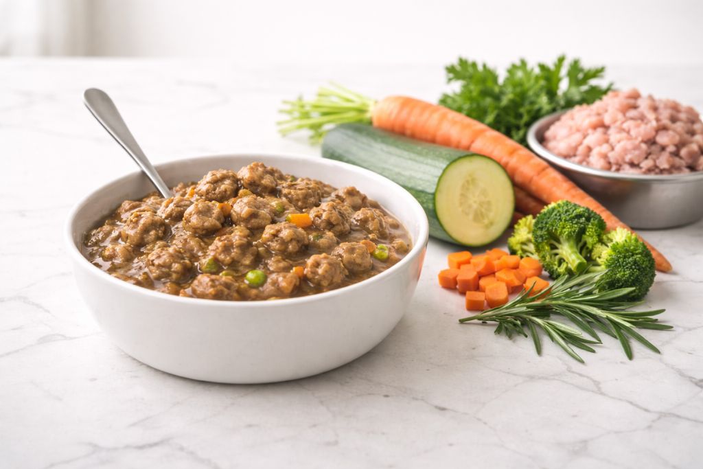 Nassfutter in Schale mit Löffel, Zutaten im Hintergrund