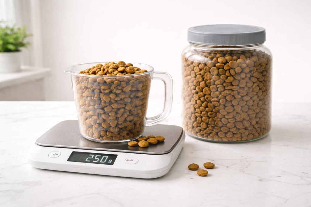 Trockenfutter-Kroketten mit Messbecher und Waage